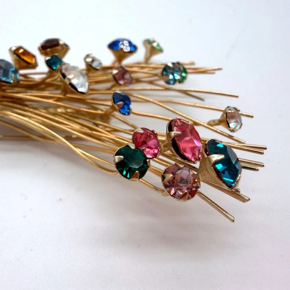 Vintage 1960s Rhinestone‎ Spray Brooch Multicolor Gold Tone Mid Century